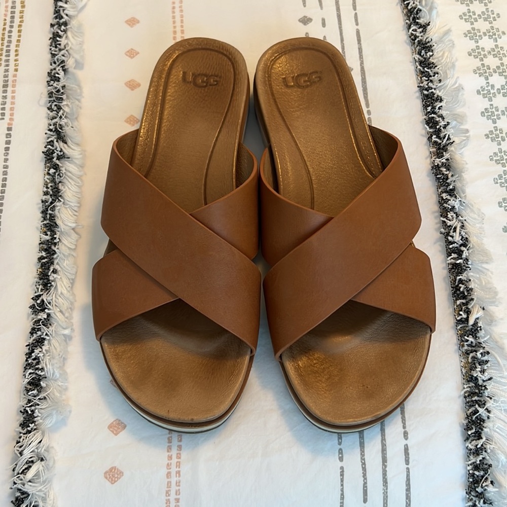 UGG Kari Leather slide sandal tan 8 euc